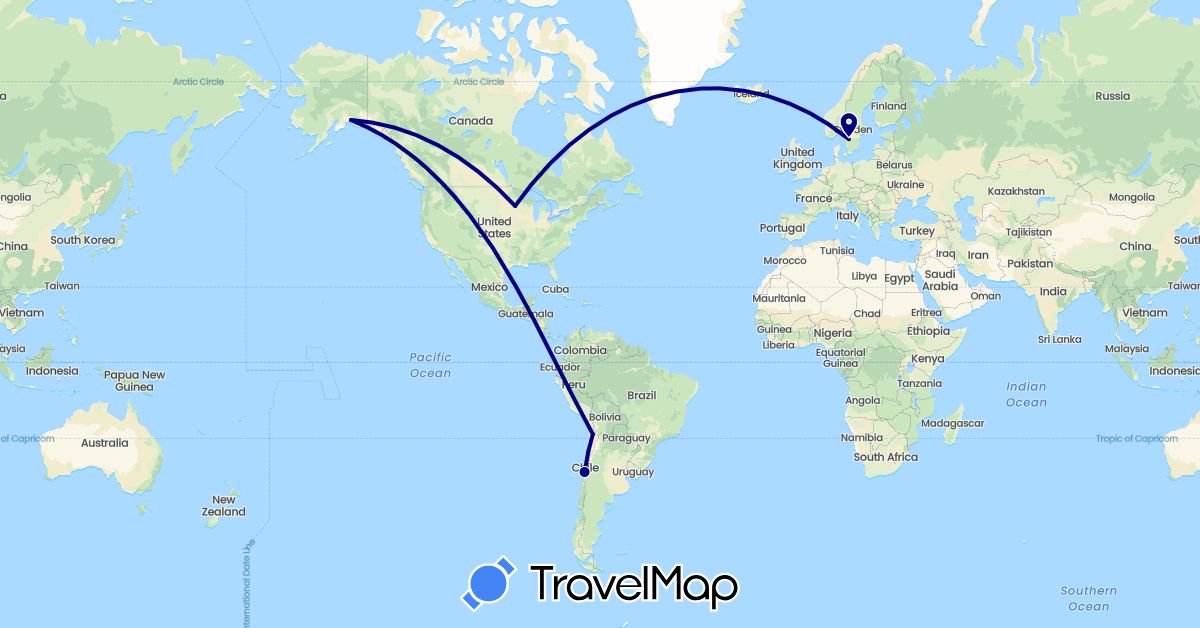 TravelMap itinerary: driving in Chile, Sweden, United States (Europe, North America, South America)